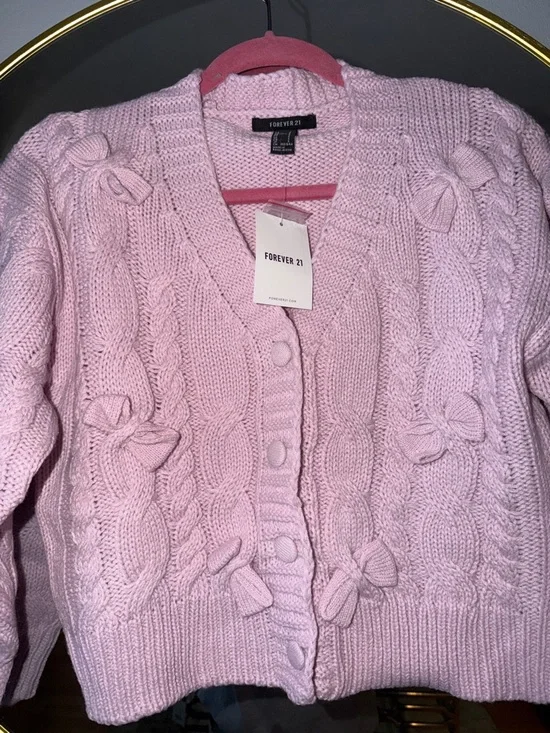 Forever 21 Light Pink Bow-Appliqué Cable Knit Cardigan - Picture 2 of 5